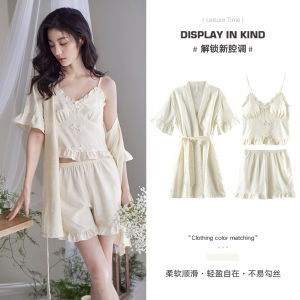Ice Silk Sleepwear Set Womens Summer Thin Strap Shorts Robe Home Clothes New Chinese Style V-neck Short Sleeve Casual Home Scene