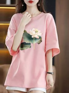 Summer Chinese Fad Short Sleeve Womens T-Shirt 2024 New Arrival New Chinese Plus Size Womens Clothing Mid-Length Cotton Printed Tops