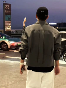 Áo Khoác Vest Dáng Rộng Màu Xám Cho Nam Mùa Xuân Thu Kiểu Mỹ Cổ Bẻ Lót Cotton Ngắn Phong Cách Bóng Chày Áo Khoác Ngoài Thường Ngày