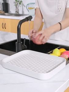 ส่งจากไทย ถาดคว่ำแก้ว ถาดวางแก้วน้ำ ที่คว่ำจาน มินิมอล มีตะแกรงรองน้ำ (ถาดเหลี่ยม+ตะแกรง) 2 ชั้น