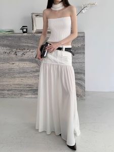 Váy Dài Chữ a Màu Trắng Cạp Thấp Cho Nữ Mùa Xuân 2024 Váy Công Sở Phong Cách Hàn Quốc Váy Ngắn Chữ a