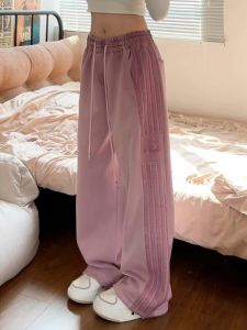 American High Street Style Womens Sport Pants Striped Fleece Lined Casual Wide Leg Pants Autumn Winter Loose Fit Trousers