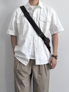 ONUN Japanese Style Retro White Double Pocket Work Shirt Loose Casual Short Sleeve Mens Shirt Summer New Arrival Cotton 100%