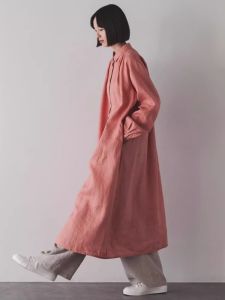 Autumn Cotton Linen Long Sleeve Shirt Dress Casual Loose plus Size Mid-Length Pure Color Turn-down Collar Womens Fashion