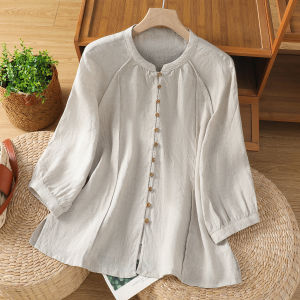 เสื้อเชิ้ตลินินคอตตอนหลวมสไตล์ลำลองสำหรับผู้หญิงในฤดูร้อน สีสันสดใส แขนยาว 7 ฟุต ทรงหลวม ทรงหลวม สำหรับใส่ลำลอง ด้านนอก