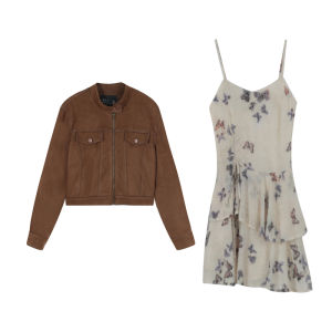 Slimming Effect Fashionable Large Size Womens Autumn New Style Leather Jacket And Dress Set High Waist Short Skirt Design