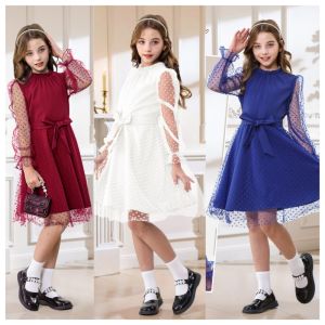 lontakids Summer Mesh Polka Dot Dress for Kids Girl Long Sleeves Ruffle Crew Adjustable Butterfly Belt for Birthday Wedding Party