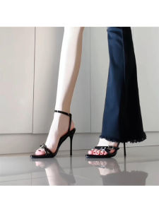 Goatskin Version ~ Patent Leather Buckle Pointed Toe Stiletto Open Toe Sandals Summer Exquisite Beautiful Rhinestone High Heel Shoes Women