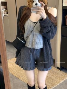 Loose High Waist Knitted Casual Pants Womens Autumn Winter Wide Leg Pants Elastic Ear of the Wood Style Casual Trousers