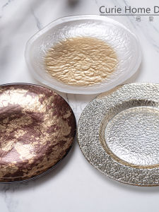 Gold Foil Plated Glass Western Dinner Plate Tea Snack Breakfast Plate Luxury Sensation Creative High-End Artistic Design