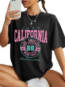 Casual Tee Artistic Print Summer Top Tee T-shirt Crew Neck California Angeles Womens Fashion Summer Short Sleeved Harajuku