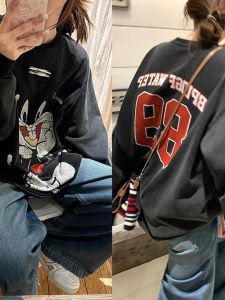 Large Size 300 Pounds Washed Vintage Pure Cotton American Lazy Style Hoodie Cartoon Rabbit Ostrich Loose Long Sleeve Sweatshirt