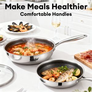 Sonifer Multifunction Frying Pan 100% Solid Stainless Steel Non-Stick Stay-Cool Handles For Steak