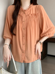 Shalldoer | French Style Thin Chiffon Short Sleeve Shirt Women Summer New Doll Shirt Unique Beautiful Top Casual Loose Fit Printed Design