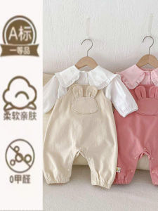 Adorable Bear Print Baby Girl Romper Shirt Navy Collar Two-Piece Set Autumn New Arrival Cotton Polyester Blend Comfortable Fit