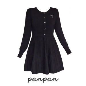 French Style Knitted Dress Base Layer Winter New plus Size Conceal Meat Slimming Black Dress High Waist A-Line Long Sleeve Short Skirt