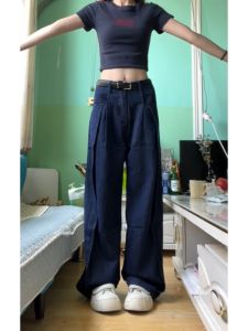 กางเกงยีนส์ผ้าไหมน้ำแข็งทรงหลวมเอวสูง กางเกงยีนส์ผู้หญิงไซส์ใหญ่ กางเกงขายาวทรงหลวมบางฤดูร้อน สีน้ำเงินเข้ม