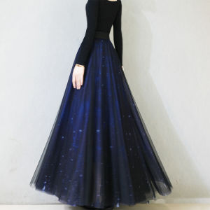 Blue Romantic Starry Sky Elegant Umbrella Skirt for Women High Waist Midi Skirt Performance Dance Half Skirt Fashionable Versatile