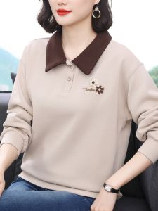 Loose Long Sleeve Polo Collar Hoodie for Middle-Aged Women Spring Autumn Casual Belly Cover Fashionable Top Quality Material