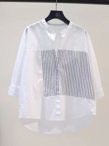 White Cotton Shirt Womens Long Sleeve Spring Autumn Striped Patchwork Brand Discount Tagged Tailend Single Piece Fashionable Top