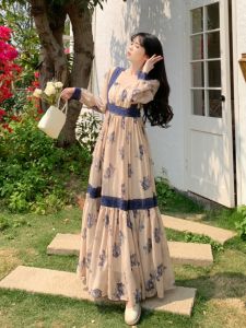 Plus Size Atmosphere Dry Rose Feet Nude Dress Spring & Fall Plus Size Ladies Retro Print Stylish Slim Looking Dress