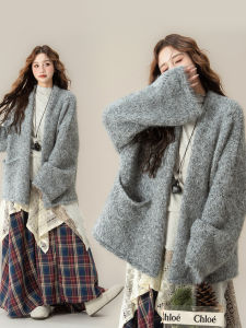 Grey V-Neck Lazy Style Open Front Cardigan Sweater Spring New Loose Slim Fit