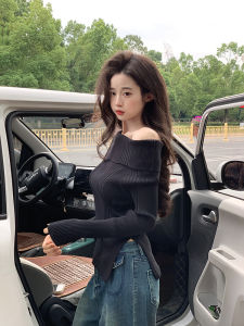 Slim Fit Knitted Shoulder Bared Long Sleeve Womens Base T Shirt Design Sensation Casual Commute Style Woolen Material