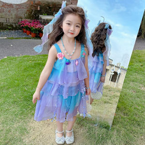 Princess Mermaid Girls Dress Summer Outfit Beach Style Strapless Performance Clothes Baby Seafood Skirt Short Sleeve Korean Version