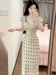Elegant French Style Unique Beautiful Polka Dot Satin V-Neck Dress High Waist Bubble Sleeve A-Line Silhouette Spring New Arrival