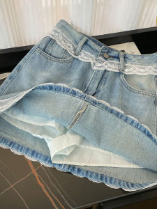 American Vintage Lace Patchwork High Waist Jeans Skirts Womens Summer New Style Small MatchAll-purpose Hip Short Skirts