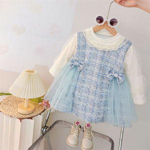 9M-4T Baby Girls Dress Spring And Autumn Bow Plaid Pattern Mesh Clothes Kids Elegant Long Sleeved Princess Dress