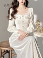 Elegant White Velvet Dress Women's Spring Autumn New Style Commute Korean Version Pure Color Waist Cinched Long Sleeve Midi Skirt. 