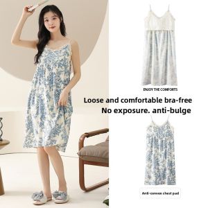 miiow | MiiOW Womens Ice Silk Mint Wave Summer Sleepwear Dress With Chest Pad V-Neck Short Sleeve Midi Dress Casual Home Clothes