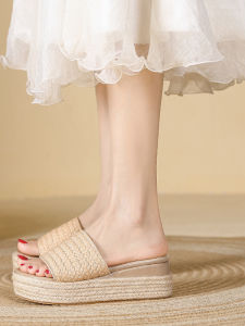 Womens Outdoor Slip-On Summer New Korean Style Platform Thick Bottom Sandals Straw Weaving Retro High Heel One-Strap Slippers