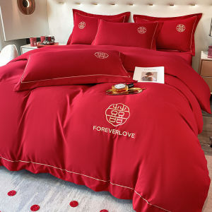 Wedding Chinese Red Water-washed Cotton 4-piece Bedding Set