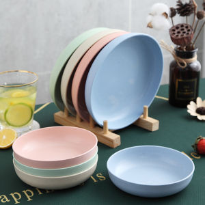 Nordic Colored Round Wheat Fiber Dinner Plates Deepen Household Saucer Plate Fruit Salad Appetizer Dessert Plastic Dishes Unbreakable Kitchenware