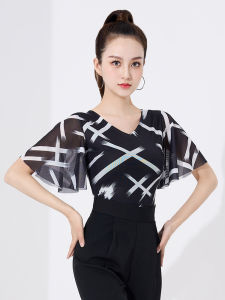Latin Dance Top Womens Adult Dance Costume Print Mesh Dance Practice Suit Short Sleeve Social Modern Dancewear V-neck