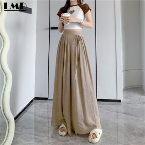 AMMIN 2023 summer new retro pleated ice silk cotton wide leg solid color long pants womens thin elastic with bow tie high waist drop casual day lazy style straight pants