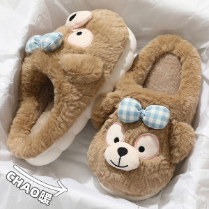 รองเท้าแตะผ้าฝ้ายหนาสำหรับผู้หญิงในฤดูใบไม้ร่วงและฤดูหนาวปี 2024 รองเท้าแตะแบบสวมหัวสุดน่ารักอบอุ่น รองเท้าแตะพื้นหนา ผลิตจากขนสัตว์ รองเท้าแตะสำหรับในบ้าน