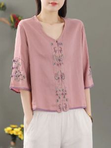 Retro Ethnic Embroidered Patchwork Loose Thin Five-Button Shirt Women Summer V-Neck Open Cardigan Cotton Linen Top