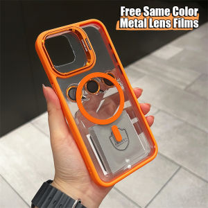 CrashStar มาพร้อมกับฟิล์มติดเลนส์โลหะสีเดียวกันฟรีพร้อมขาตั้งพับได้ที่มองไม่เห็นเคสโทรศัพท์กันกระแทกแบบแข็งโปร่งใสของ MagSafe สำหรับ iPhone 16 15 14 Pro Max Plus 13 12 11 Pro Max เคสโทรศัพท์ชาร์จไร้สายชัดเจนแบบ HD ฝาครอบป้องกันขายดี