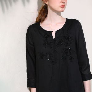 Miccbeirn | Pure Flax Embroidered Sequin Dress Artistic Straight Cut Long Slimming Fairylike Chinese Style Summer Fashion Elegant Dress