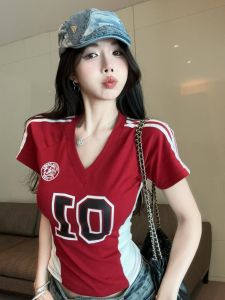American Retro Striped Color Print Short Sleeve T Shirt Women Summer Slim Short Style V Neck Sports Ball Game Top Shirt