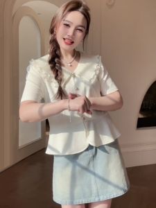 เสื้อเชิ้ตแขนสั้นสไตล์ฝรั่งเศสไซส์ใหญ่ ทรงเข้ารูป แขนพอง ปิดด้วยกระดุมหลายตัว เสื้อผ้าทำงานฤดูร้อนสำหรับผู้หญิง