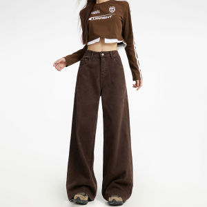 Brown Wide Leg Denim Womens Autumn and Winter Fleece-lined High Waist Maillard Plus Size Loose Straight Drooping Mop Pants