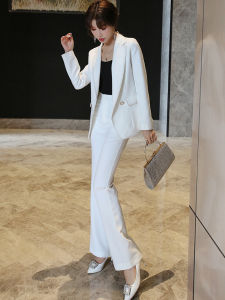 MUBEELE | White Slimming Two-Piece Suit For Women Autumn Fashion Stylish Professional Flared Pants Long Sleeve Jacket Female Ensemble