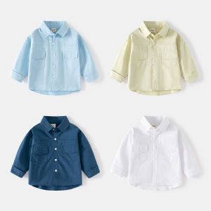 Autumn Spring Boys Long Sleeve Shirt Collared Casual Solid Color