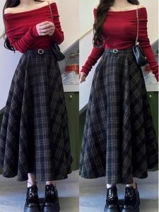 French Style plus Size Plaid Skirt Women Long Slim High Waist A-Line Midi Skirt Spring Autumn Belly Covering Fashionable