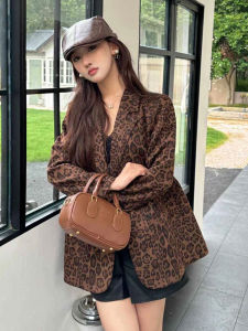 Womens Vintage Leopard Print Suit Jacket Autumn New Arrival Fashionable Commute Style Loose Fit Long Sleeve Mid-Length Coat