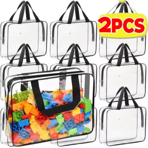 2Pcs PVC Makeup Storage Bags Reusable Portable Large Capacity Waterproof Clear Bag with Zipper Toy Building Blocks Organizer